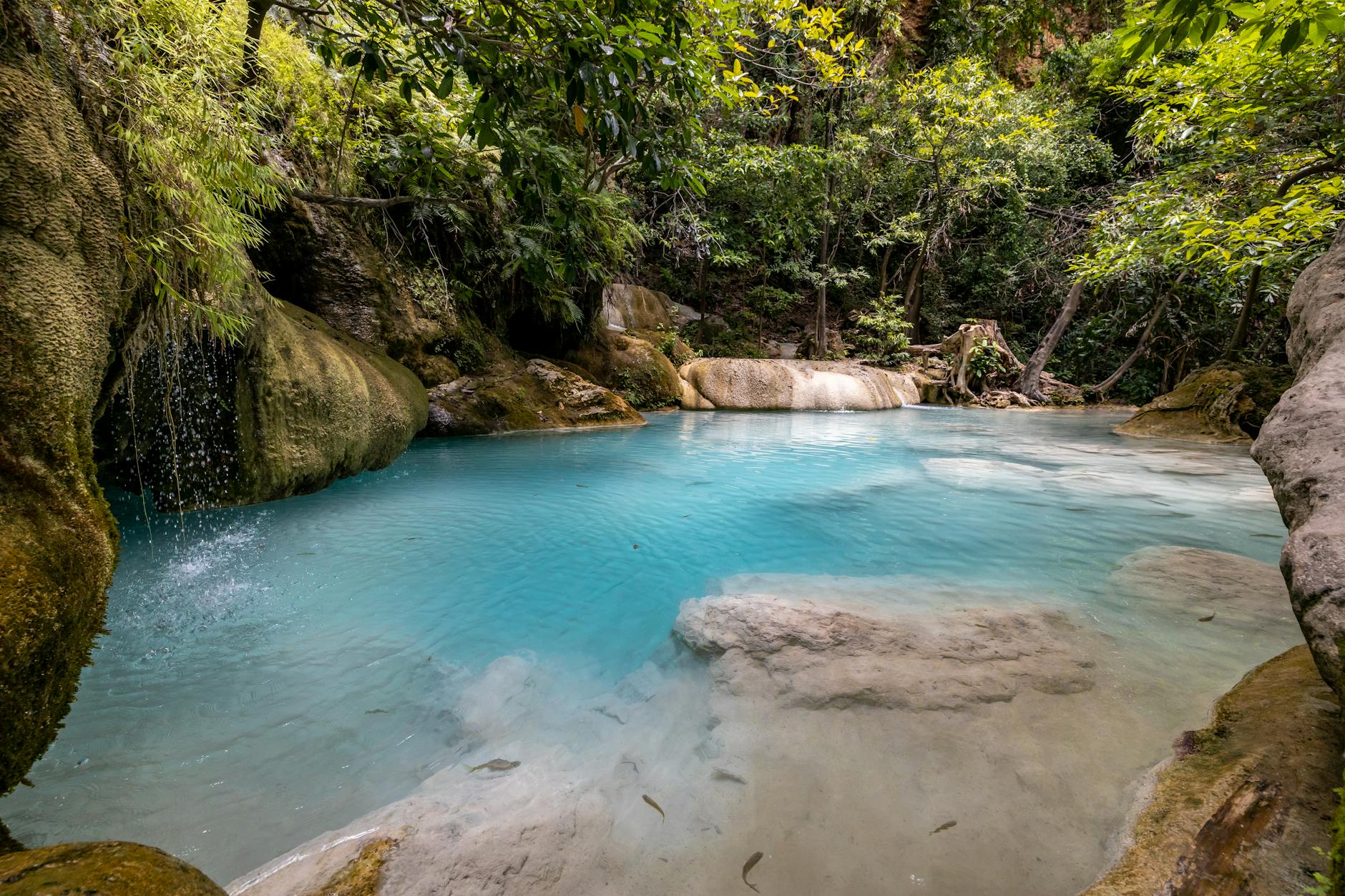 Turquoise waterfall pool in lush green tropical forest
