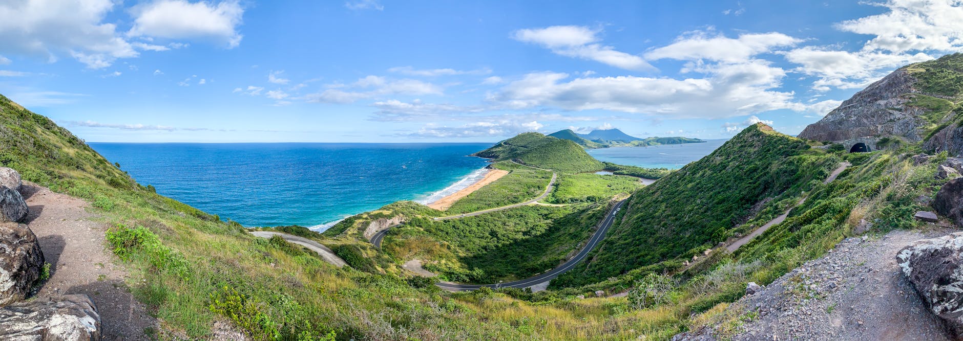 Lush tropical Caribbean island of Nevis with palm trees
