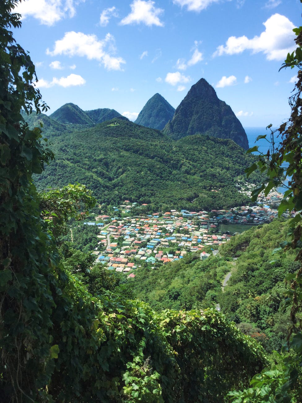 Soufrière town nestled in a lush valley in Saint Lucia