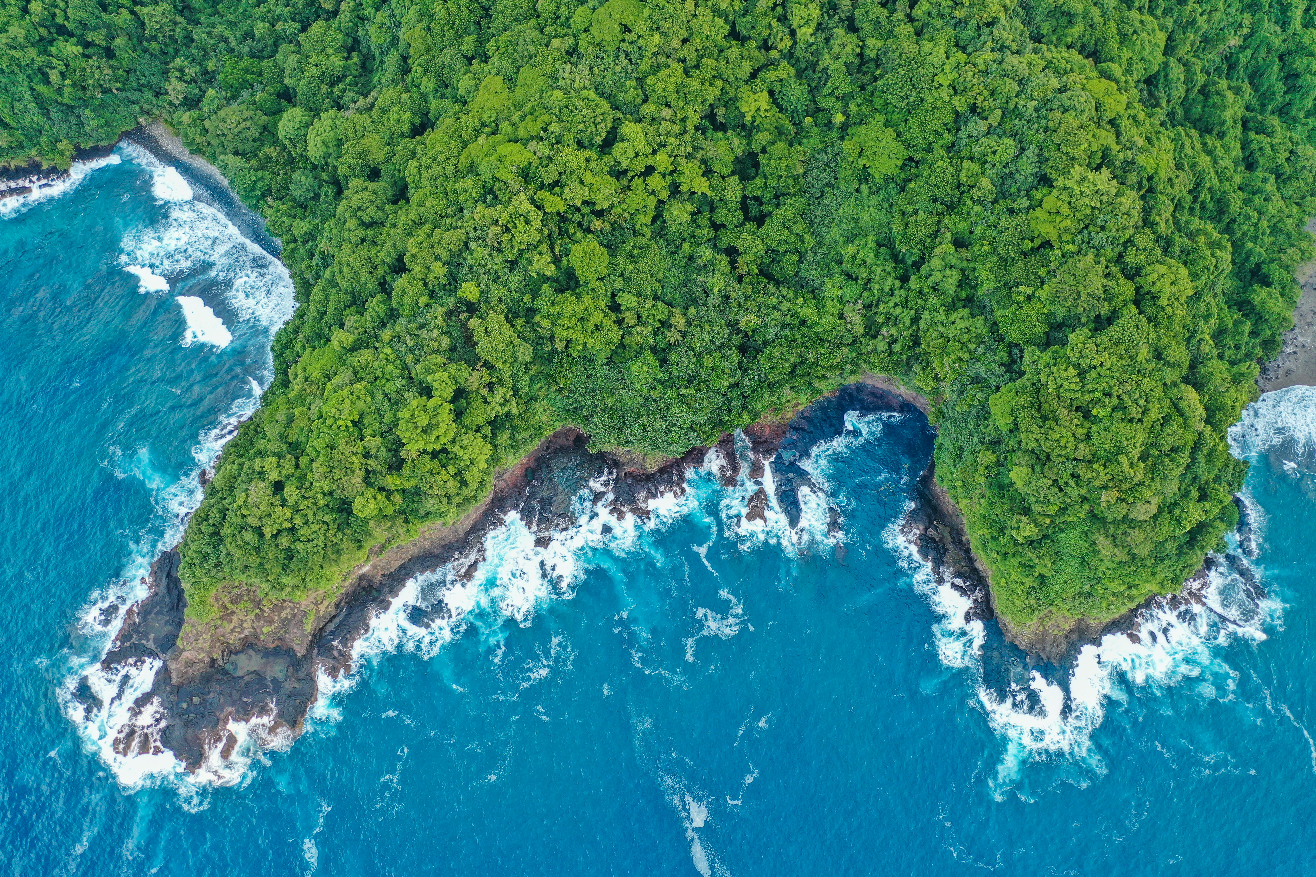 Aerial view of the Samoa coastline with lush tropical forests and turquoise waters