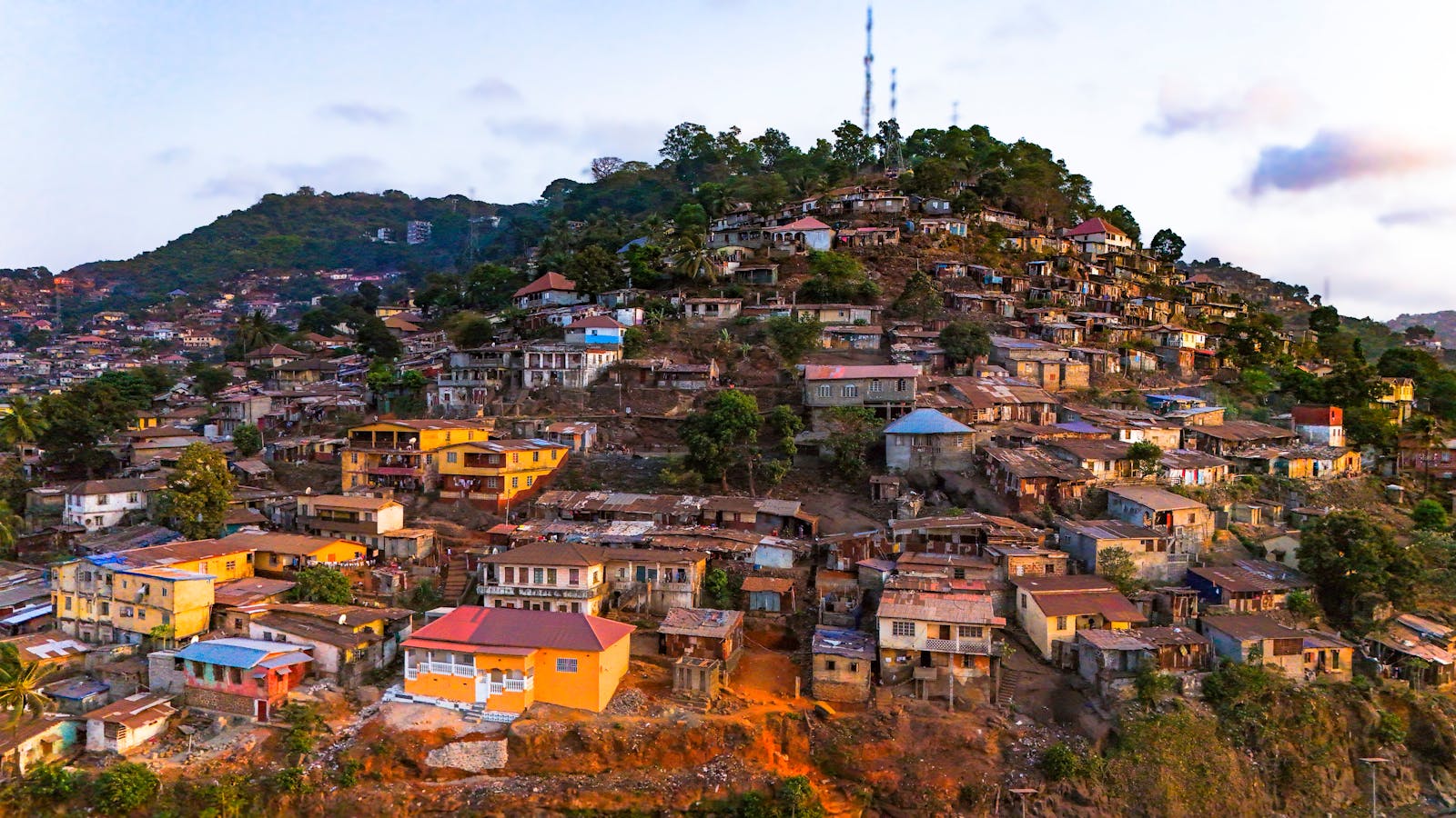 Aerial view of Mount Aureol and the colourful hillside houses of Freetown, Sierra Leone