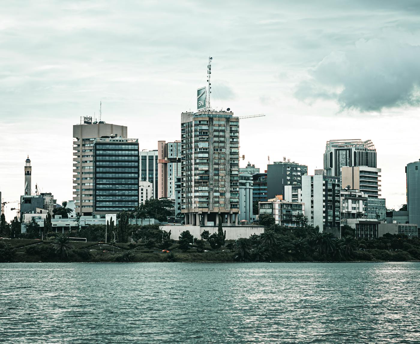 Modern high-rise buildings of the Plateau district along the &Eacute;bri&eacute; Lagoon waterfront in Abidjan, C&ocirc;te d&rsquo;Ivoire