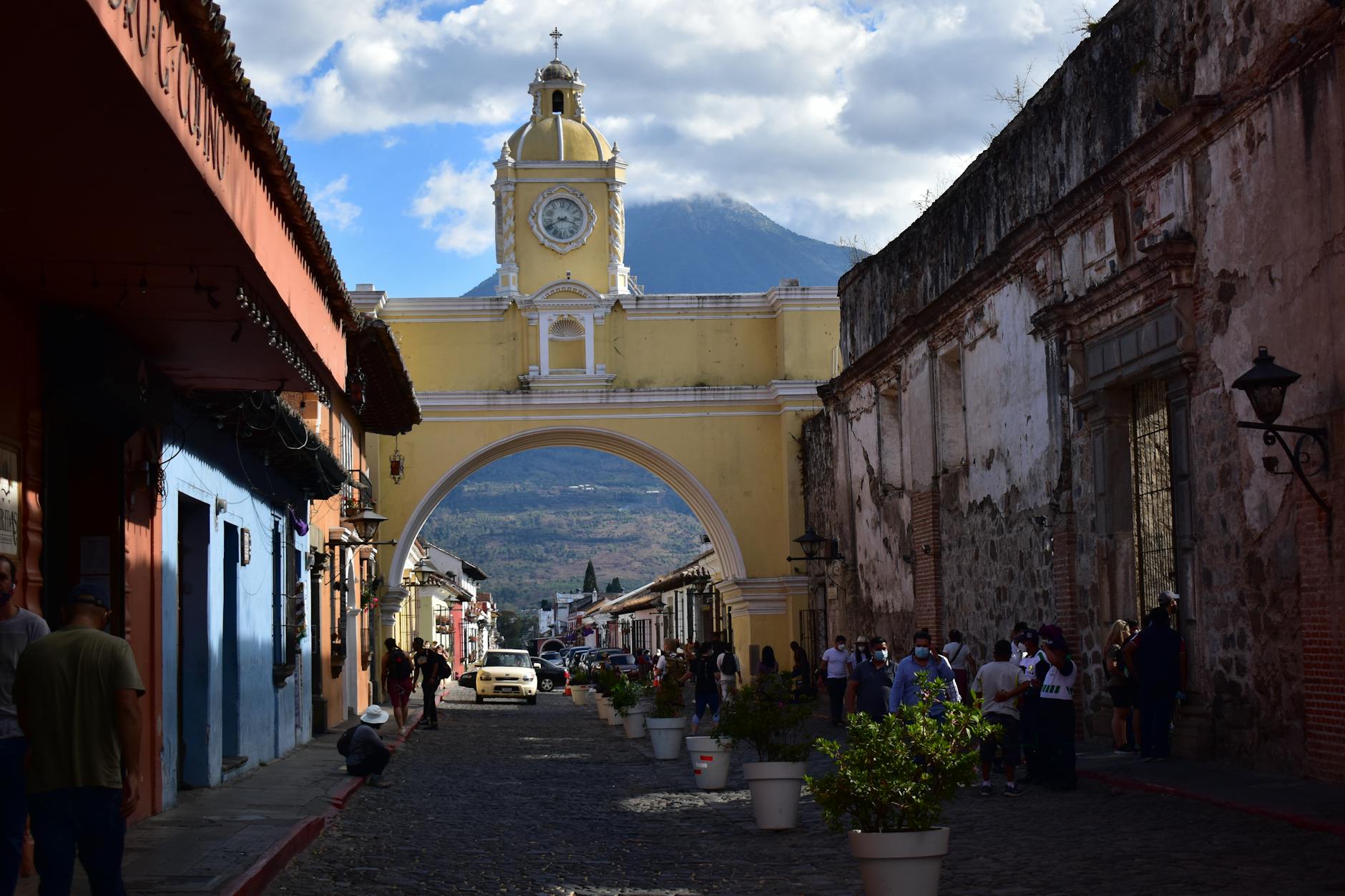 Antigua Guatemala arch with volcano