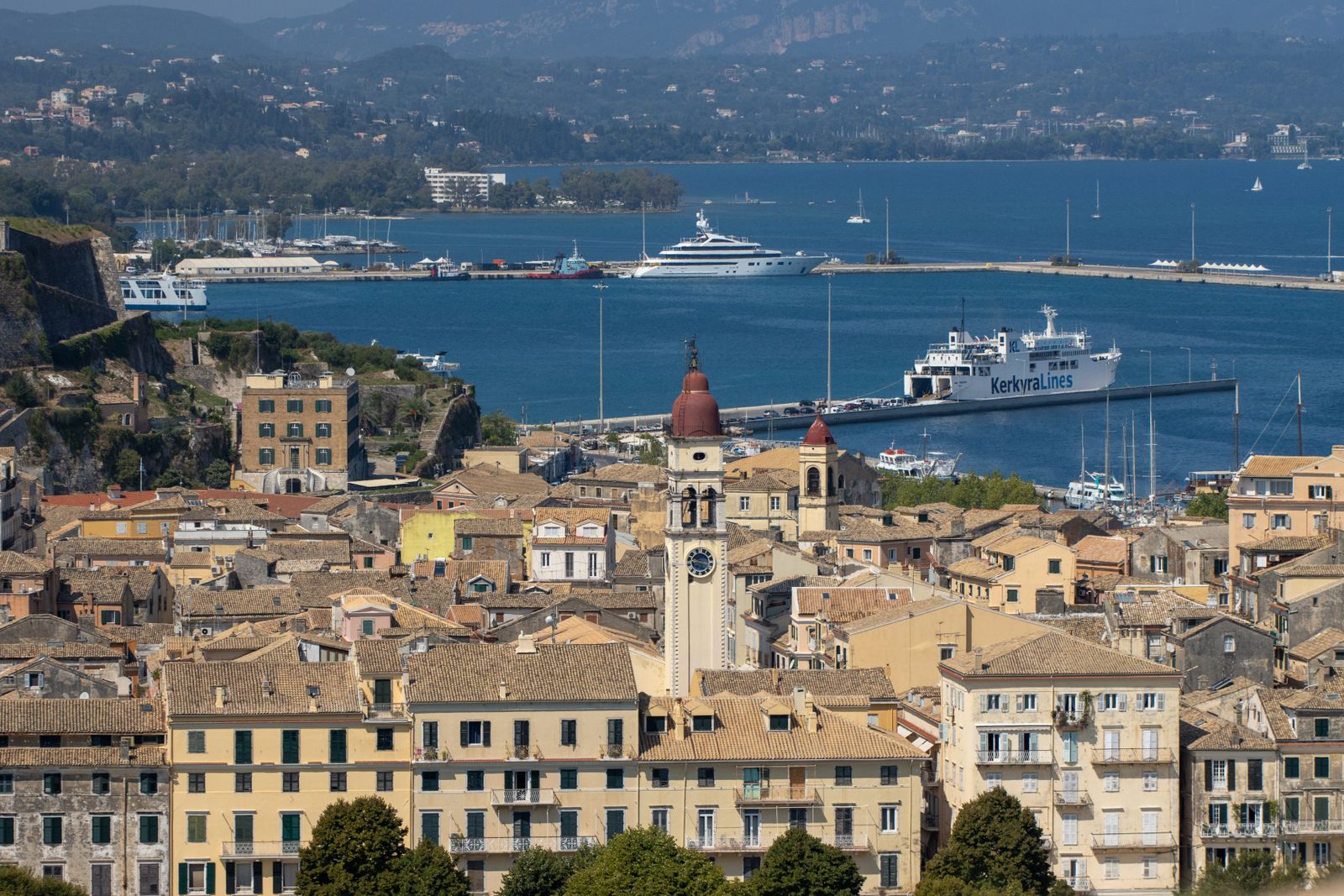 Aerial view of Corfu Town historic architecture and harbour on the Ionian Sea