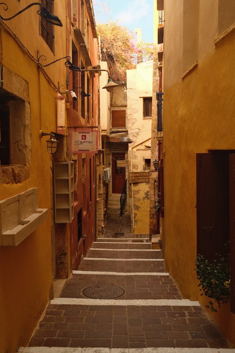 Colourful narrow street in Chania old town, Crete