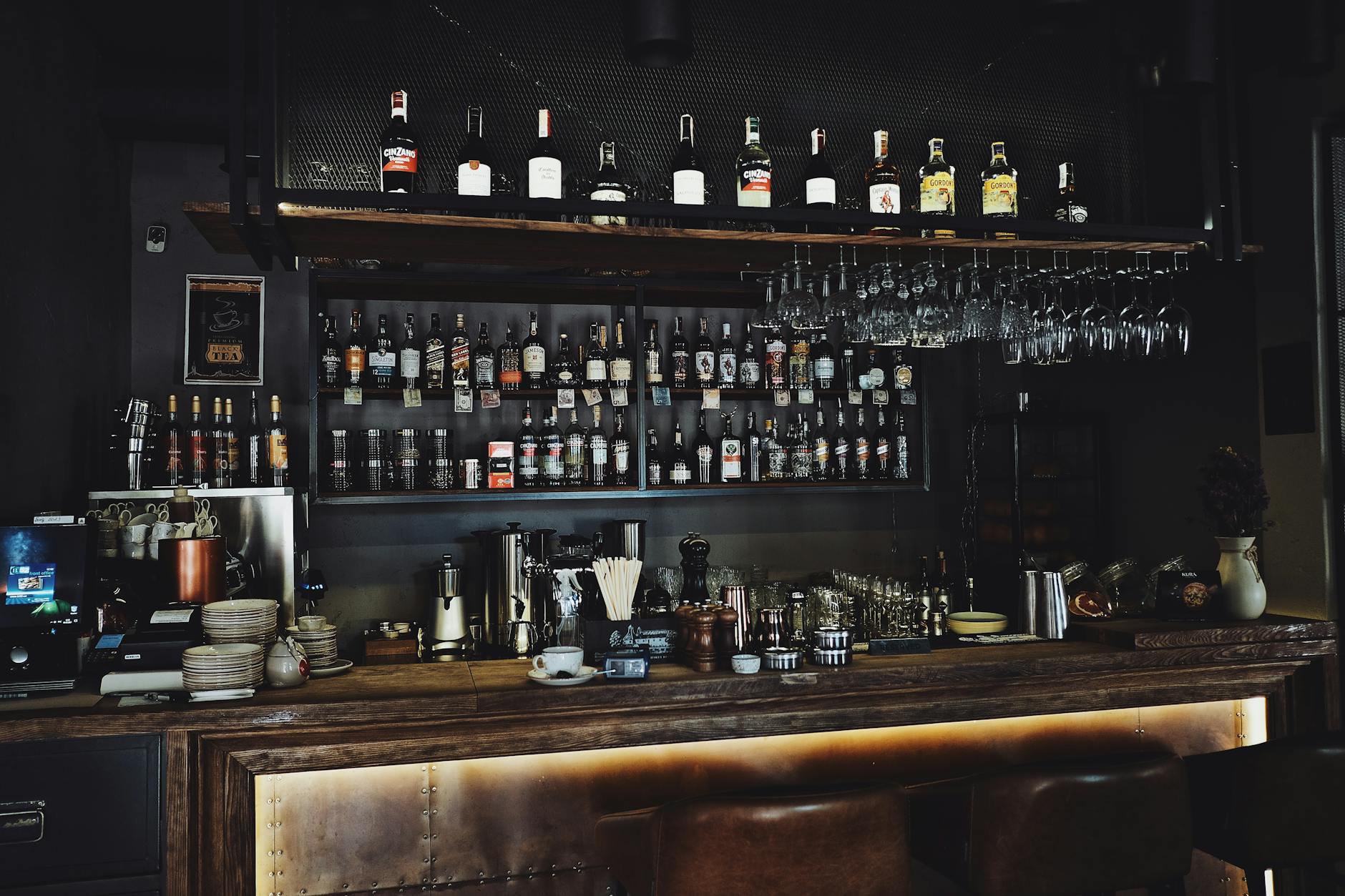 Prague wine bar elegant interior dark Vinograf