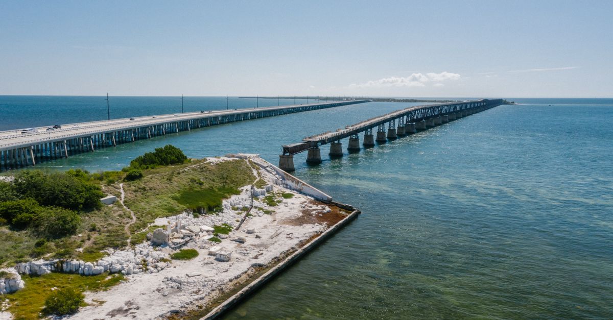The Seven Mile Bridge curving across open turquoise water in the Florida Keys