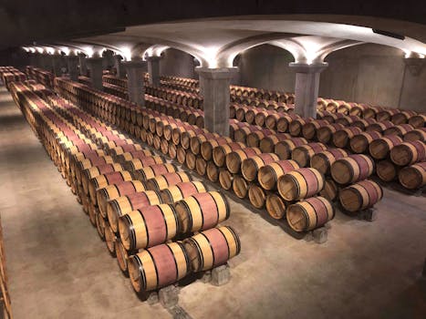 Burgundy wine cellar barrels storage