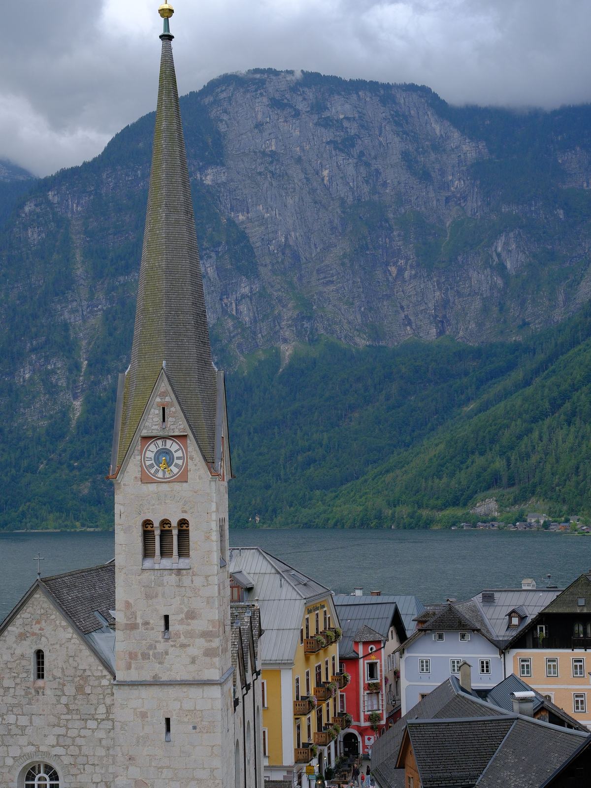 Hallstatt's spired church above the lakefront houses