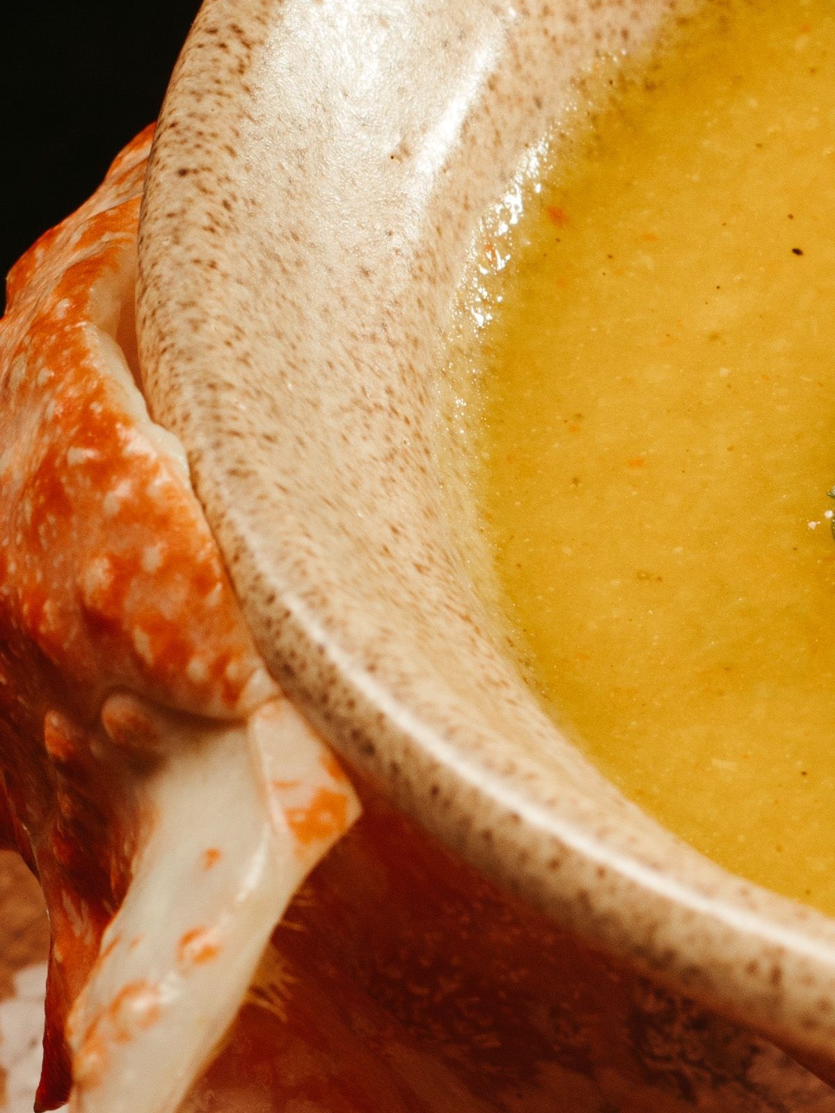 Bowl of creamy Icelandic langoustine soup on a wooden table