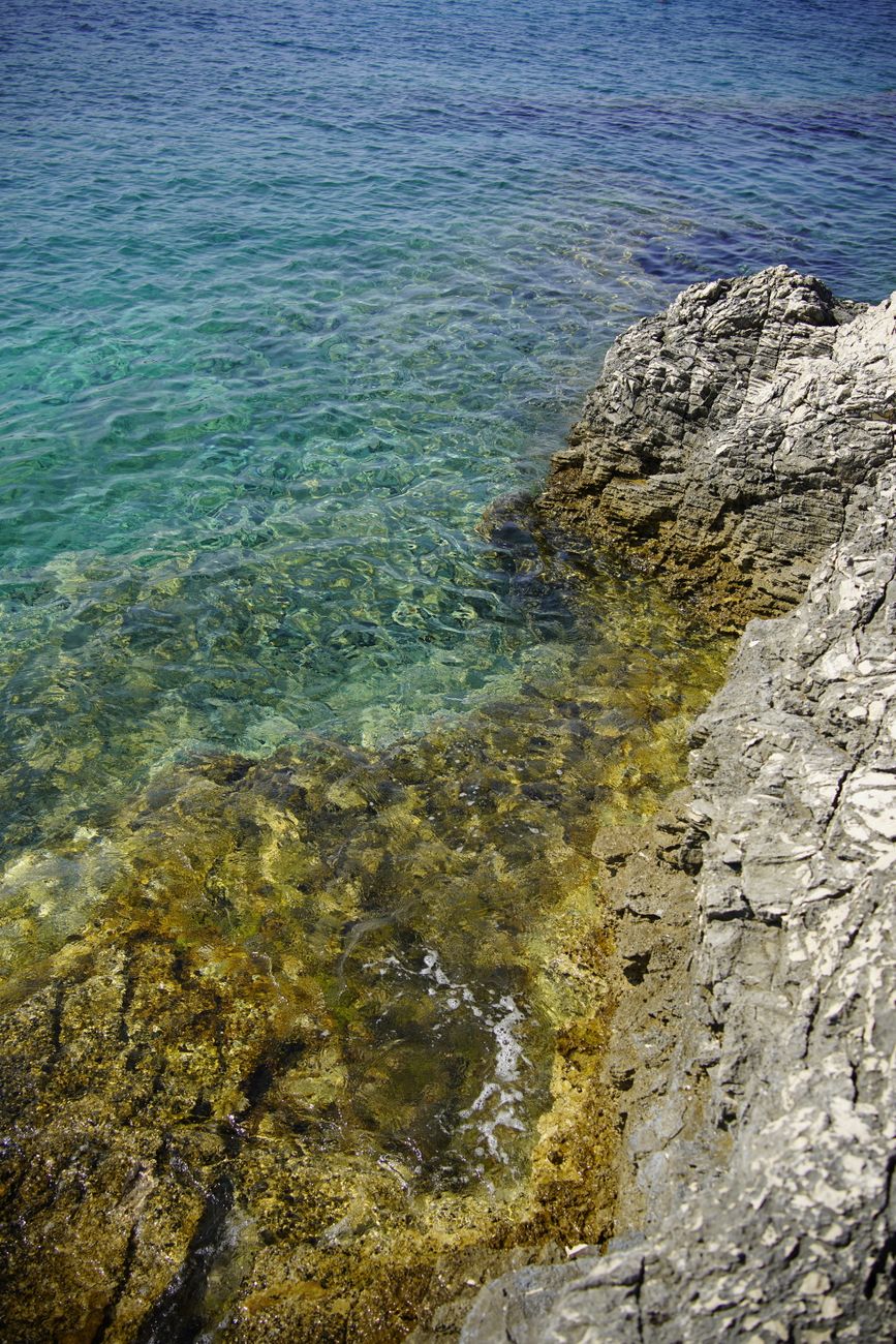 Rocky shoreline and clear blue water on the Istrian coast