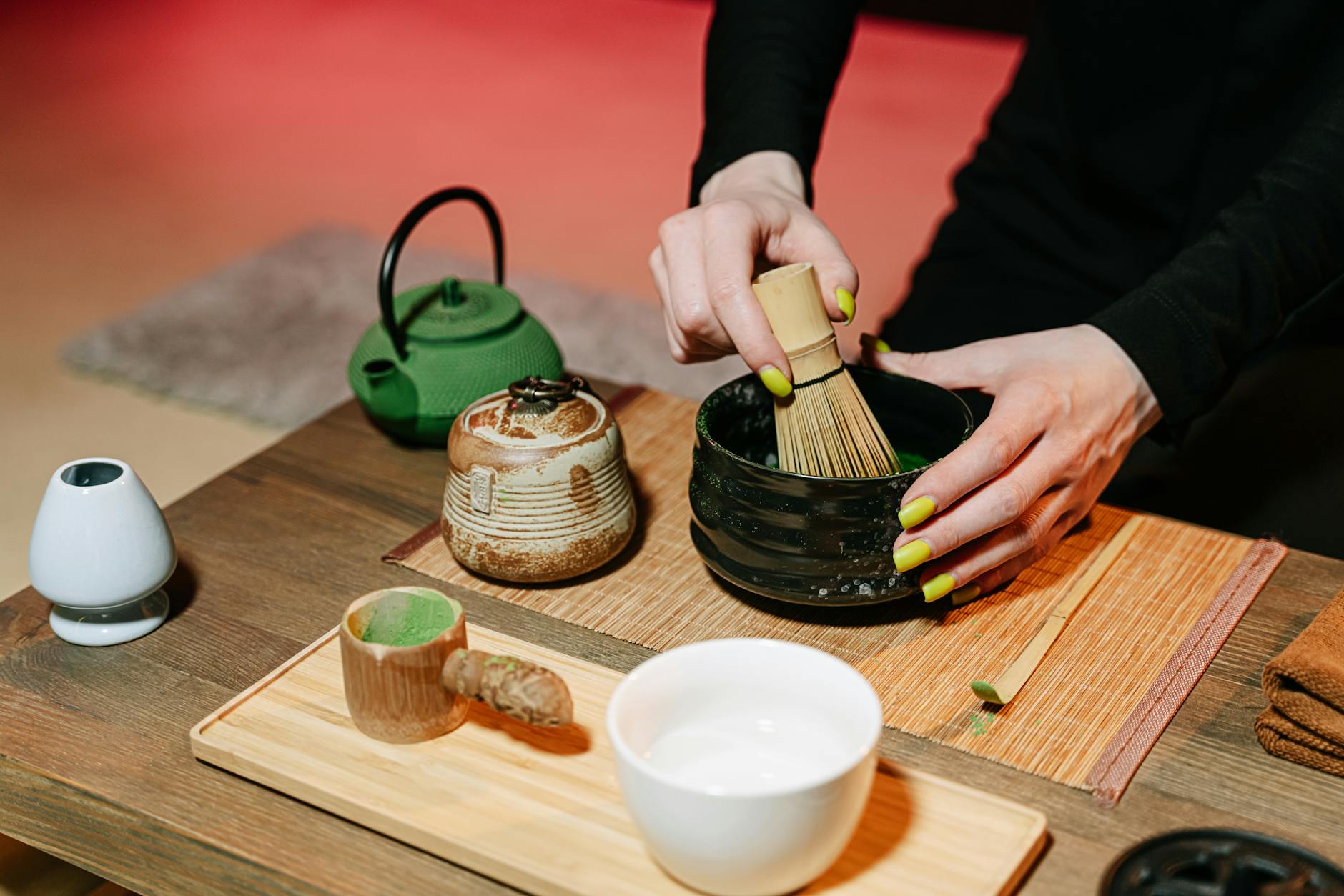 Matcha green tea bowl Japan ceremony whisk preparation powder Kyoto tearoom
