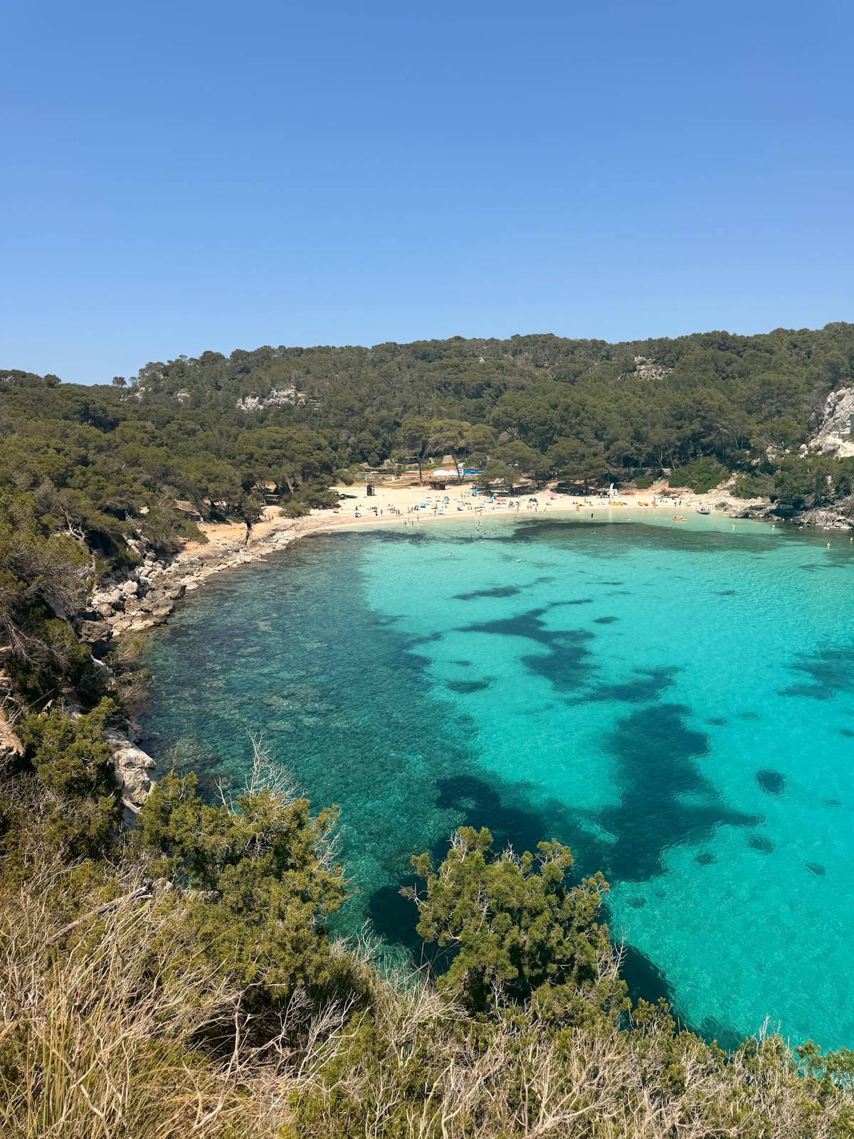 White-sand cove with turquoise water and pine cliffs on Menorca's south coast