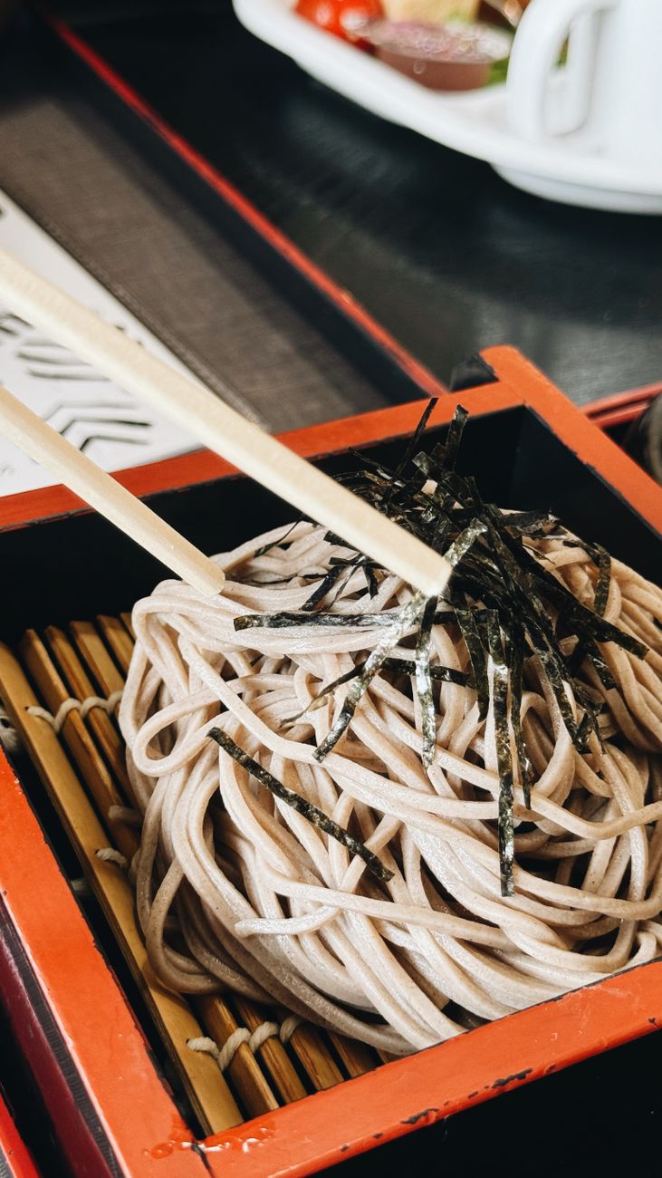 A bowl of soy-sauce soba noodles with a soft-boiled egg at a Japanese restaurant