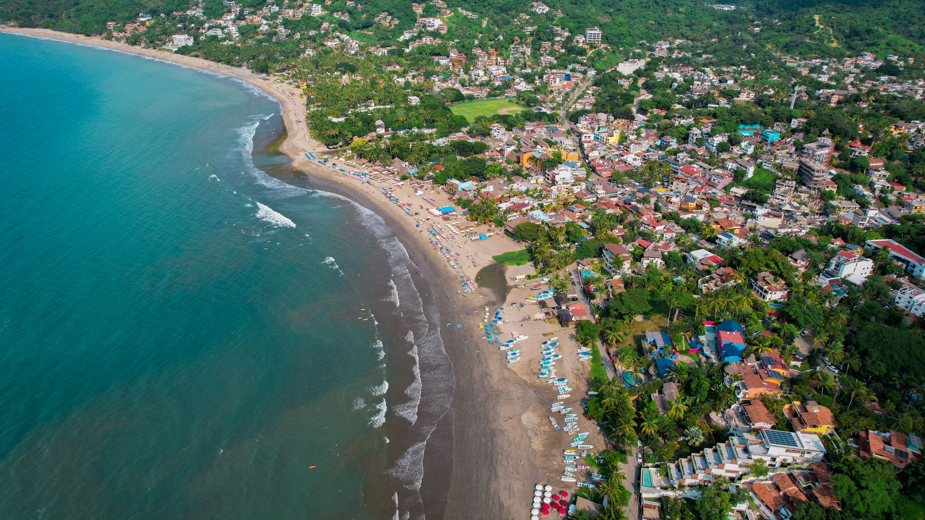 Surf town and beach along the Banderas Bay coast of Riviera Nayarit