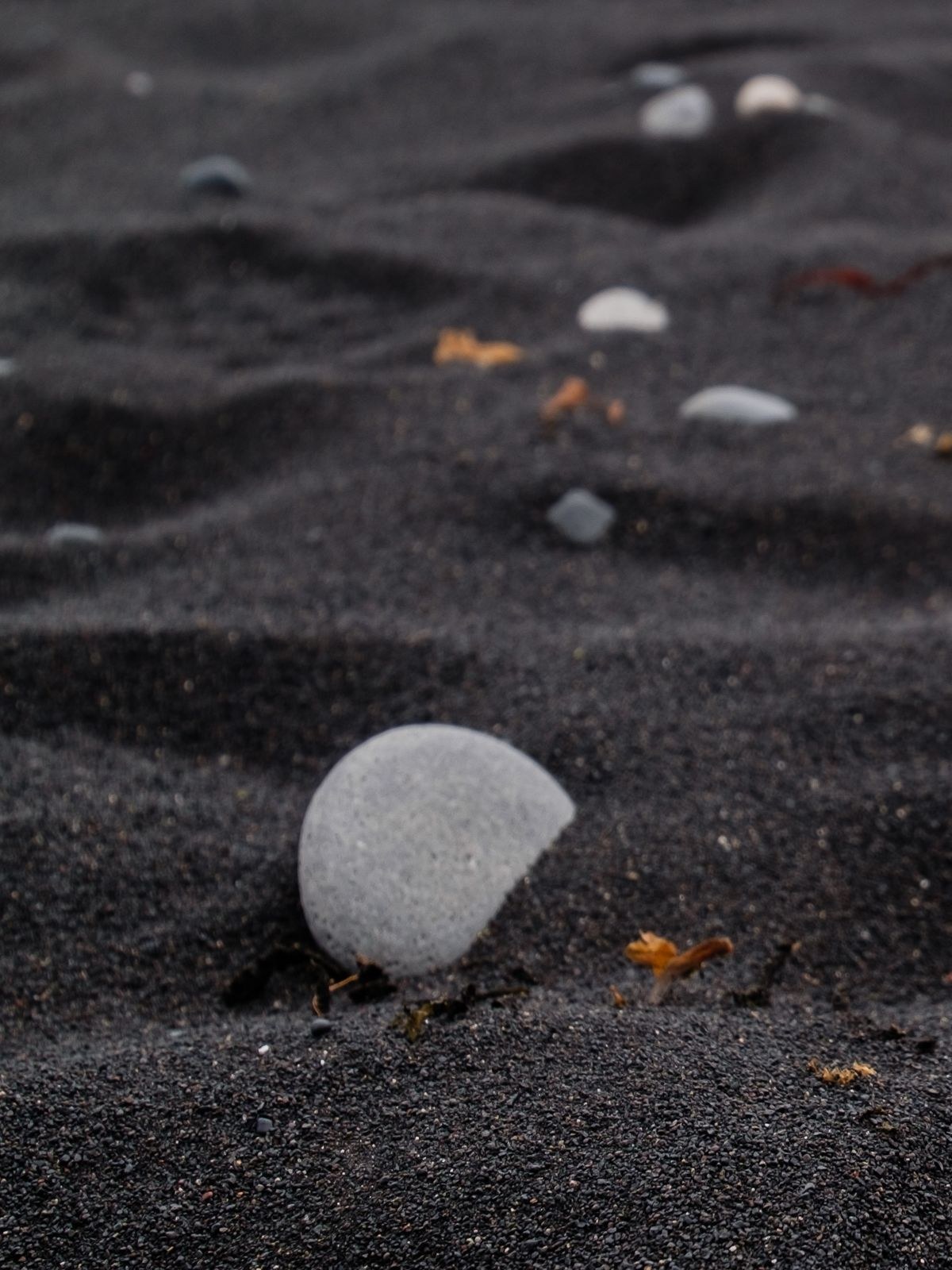 Black lava pebbles and rock formations at a Snæfellsnes beach below the glacier