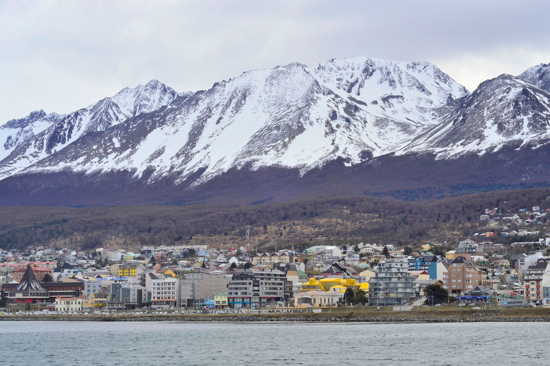 Ushuaia town climbing the slope below the Martial Mountains, with the Beagle Channel beyond