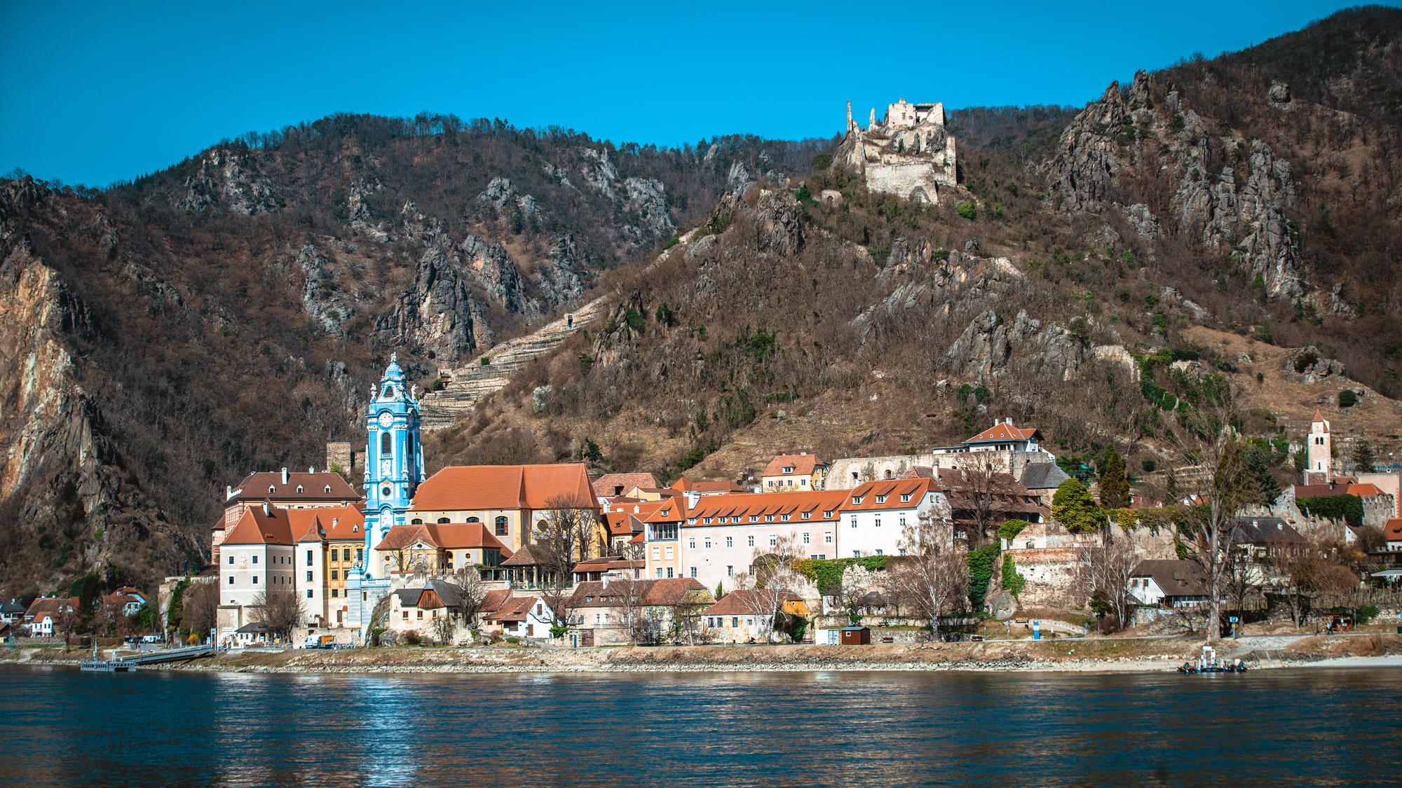 The Danube winding past the terraced vineyards of the Wachau