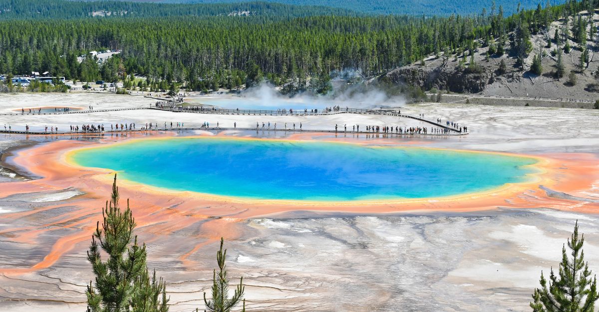 Aerial view of the multicoloured Grand Prismatic Spring in Yellowstone